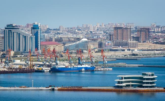 Aerial view coastline of Baku with commercial cargo